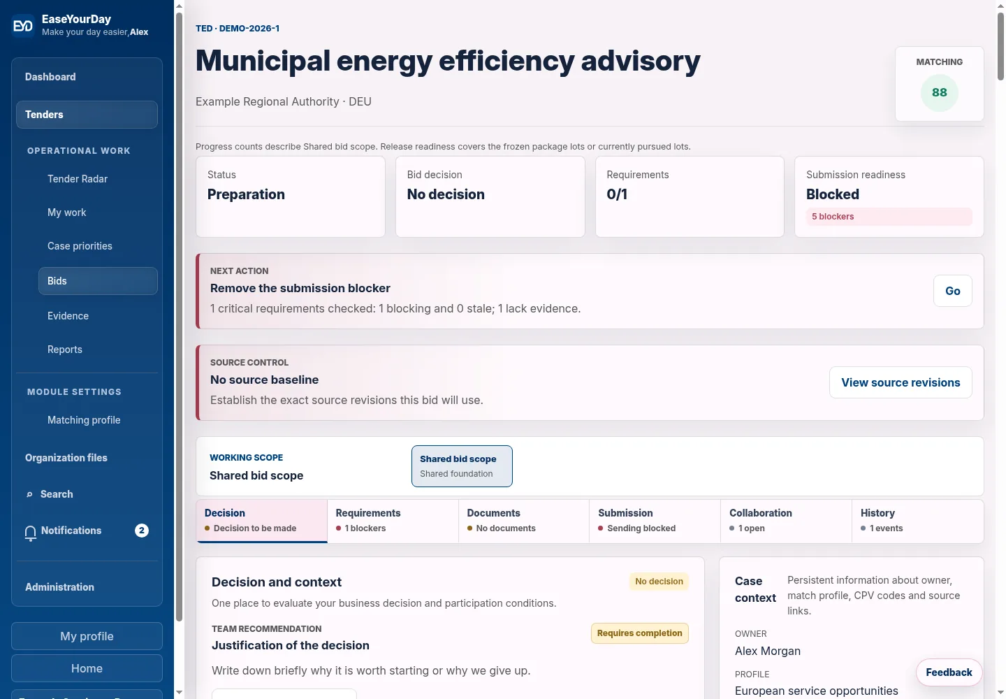 EaseYourDay bid workspace showing requirements, documents and outstanding submission blockers. Fictional demonstration tender.